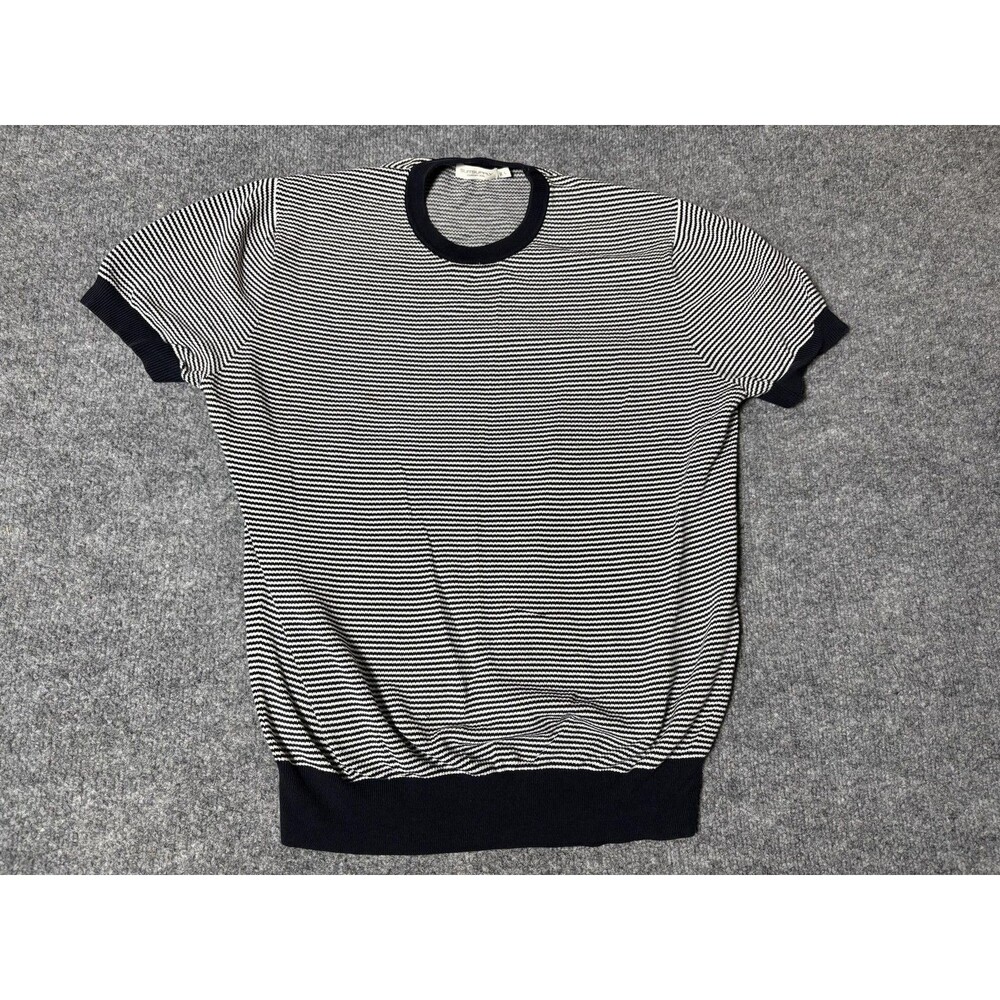Suitsupply Sweater Mens L Blue White Stripe Cotton Silk Short Sleeve Crew Neck
